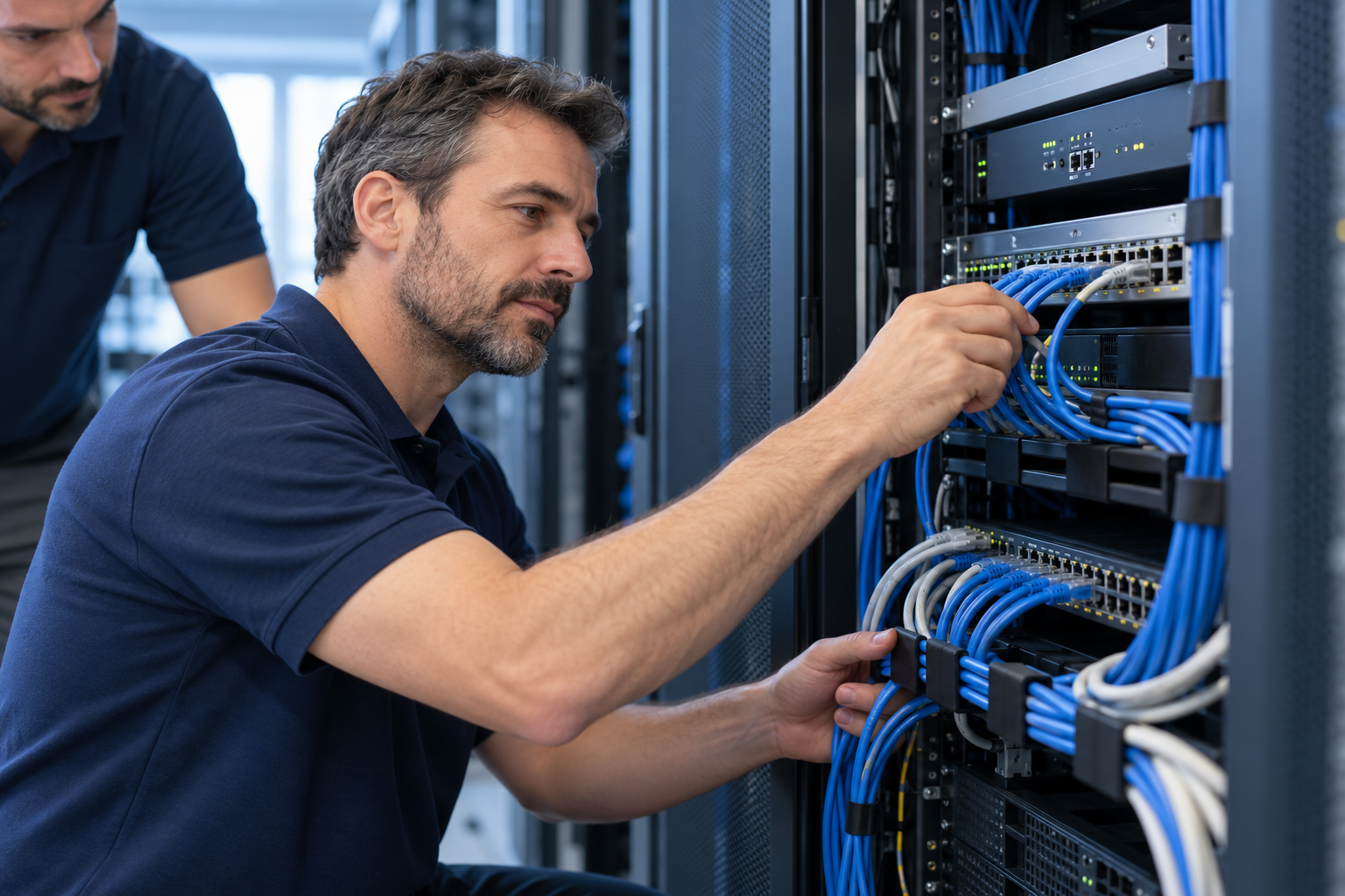 Immagine illustrativa di tecnici al lavoro su un armadio di rete e collegamenti Ethernet