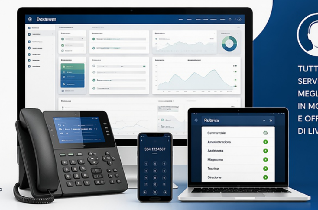 Centralino Datatronix con telefono IP, interfaccia desktop e smartphone