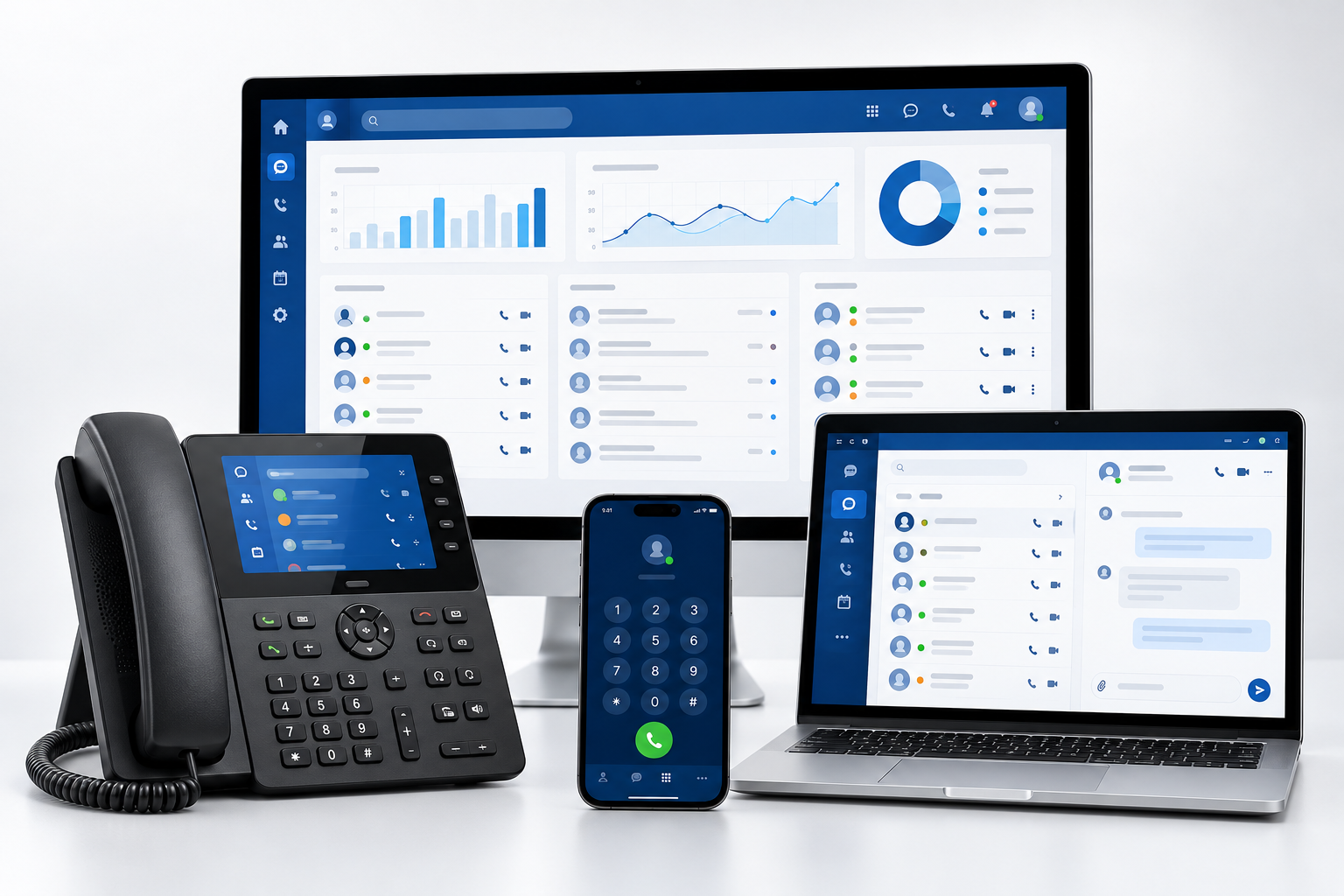 Composizione illustrativa con monitor desktop, computer portatile, smartphone e telefono IP per le applicazioni di comunicazione